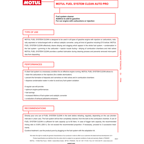 MOTUL PETROL FUEL SYSTEM CLEAN AUTO ADDITIVE 300ML CAR & BOAT 108122