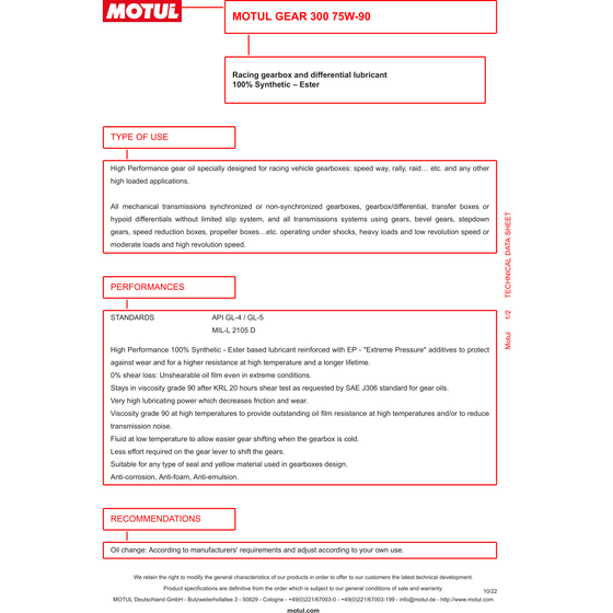 Motul Gear 300 75W90 Racing Caja de cambios Diferencial deslizante Aceite totalmente sintético 1L 105777