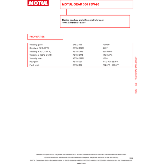 Motul Gear 300 75W90 Racing Caja de cambios Diferencial deslizante Aceite totalmente sintético 1L 105777