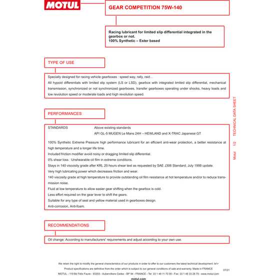 Aceite de transmisión MOTUL Gear Competition 75W140 LSD 1L 100% sintético 105779