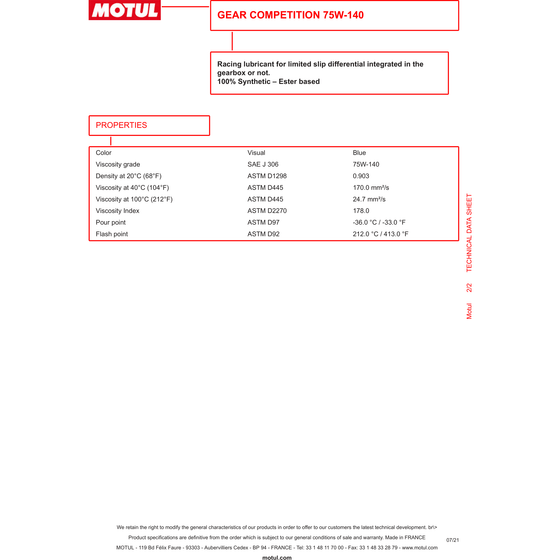 Aceite de transmisión MOTUL Gear Competition 75W140 LSD 1L 100% sintético 105779
