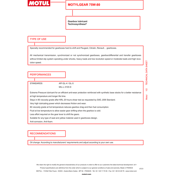 Motul Caja de cambios Motylgear 75W80 Aceite para engranajes Technosynthese semisintético 1L 105782