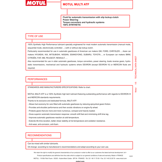 Motul Multi ATF Fluido de transmisión automática BMW Merc Ford Toyota 1L 105784