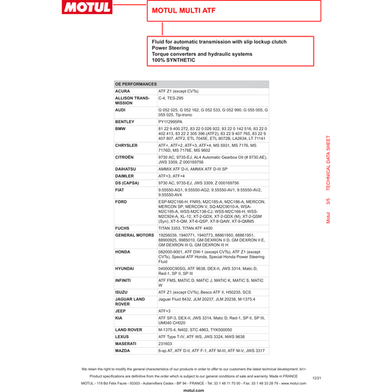 Motul Multi ATF Fluido de transmisión automática BMW Merc Ford Toyota 1L 105784