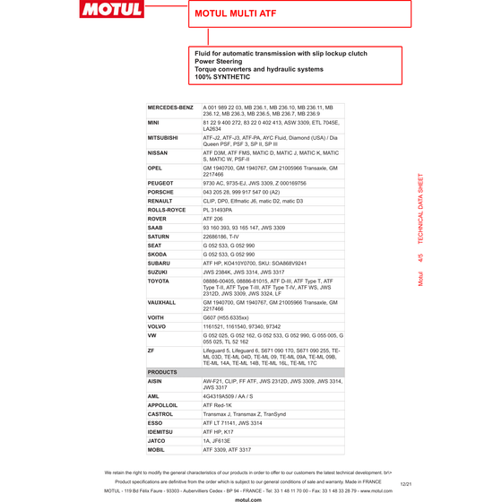 Motul Multi ATF Fluido de transmisión automática BMW Merc Ford Toyota 1L 105784