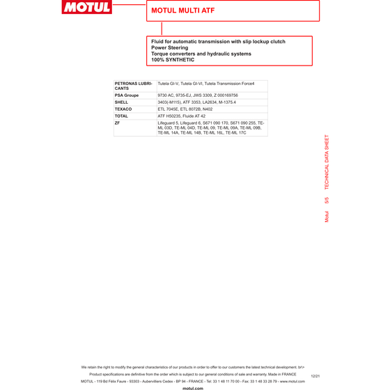 Motul Multi ATF Fluido de transmisión automática BMW Merc Ford Toyota 1L 105784