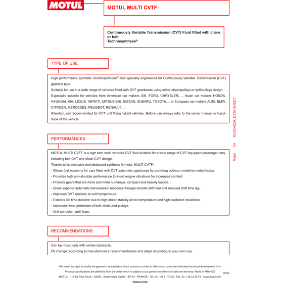 Motul Multi CVTF líquido de transmisión variable continua sintético 1 litro 1L 105785