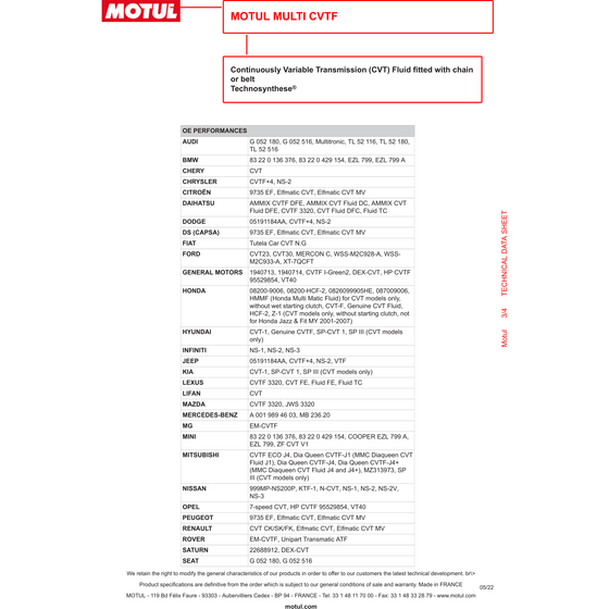 Motul Multi CVTF líquido de transmisión variable continua sintético 1 litro 1L 105785