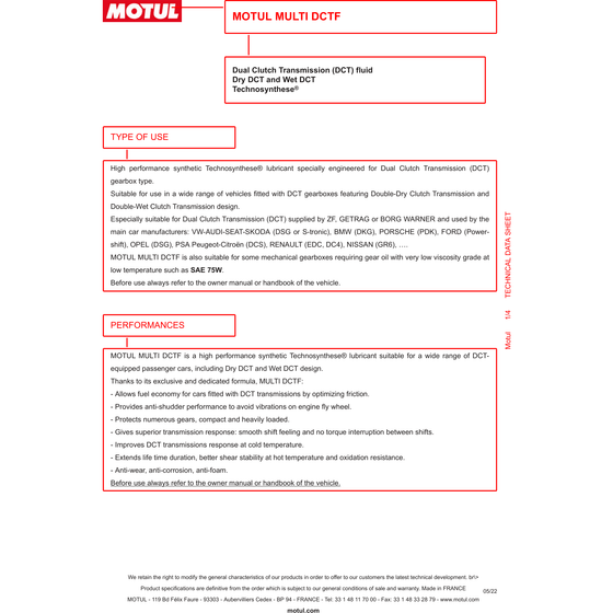 MOTUL MULTI DCTF Dual Clutch Transmission Fluid Synthetic 75W GL4 1L 105786