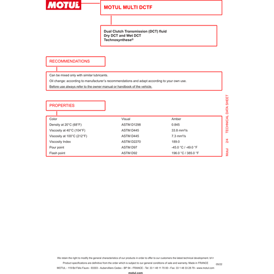 MOTUL MULTI DCTF Dual Clutch Transmission Fluid Synthetic 75W GL4 1L 105786