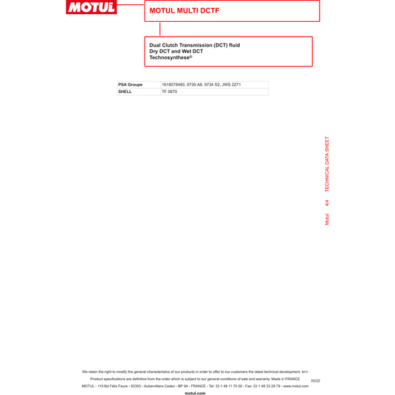 MOTUL MULTI DCTF Dual Clutch Transmission Fluid Synthetic 75W GL4 1L 105786