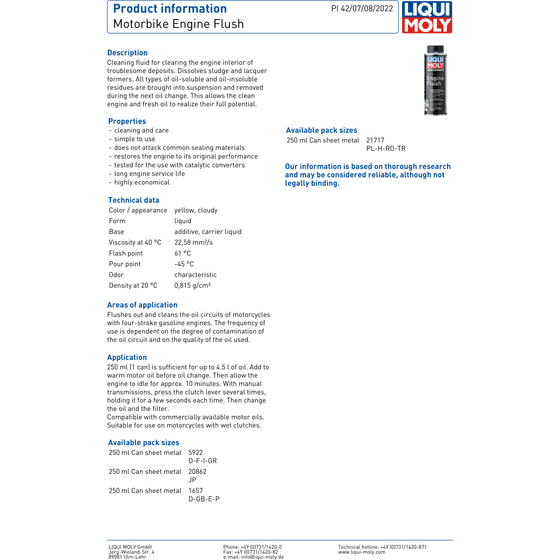 Liqui Moly Moto Motor Flush Limpiador Aditivo De Aceite 250ml 1657