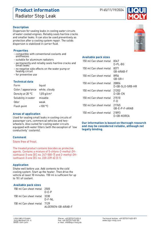 Liqui Moly Radiator Stop Leak 150ML Coolant System Repair 2505