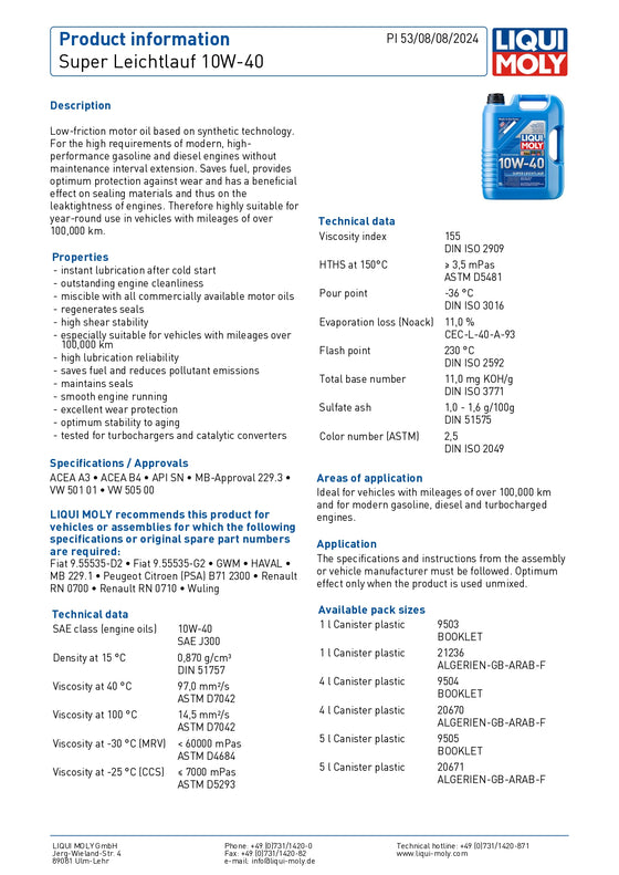 Liqui Moly Super Leicht­lauf 10W-40 Synthetic Technology Engine Oil 9505