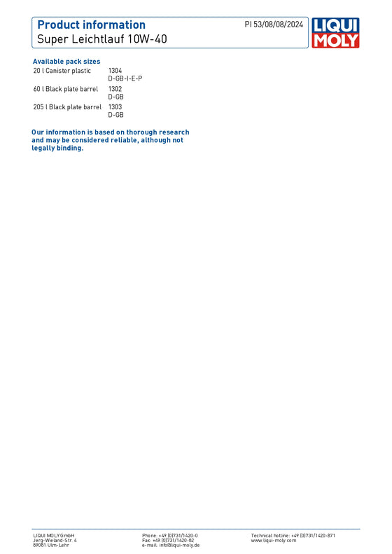 Liqui Moly Super Leicht­lauf 10W-40 Synthetic Technology Engine Oil 9505