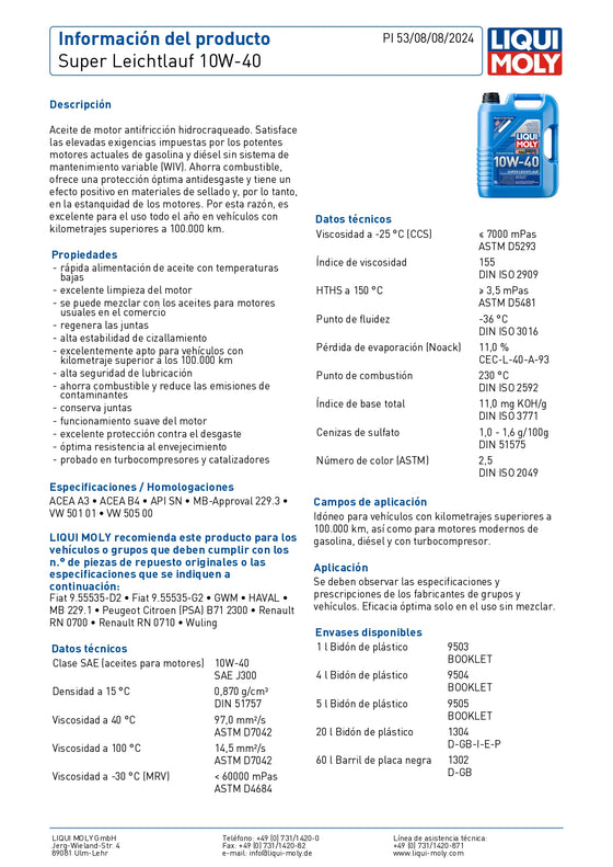 Liqui Moly Super Leicht­lauf 10W-40 Synthetic Technology Engine Oil 9505
