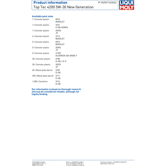 Liqui Moly Top Tec 4200 5W30 ACEA C3 BMW-LL VW PORSCHE MB ENGINE OIL 8973