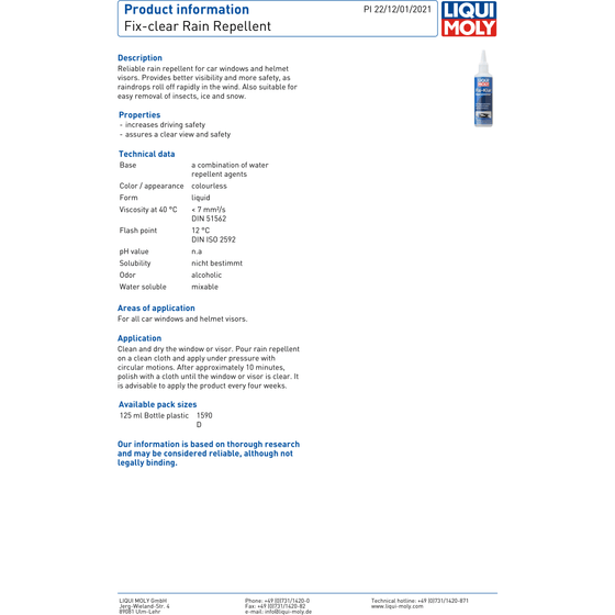 Liqui Moly Windscreen Visor Rain Repellent 125ml 1590