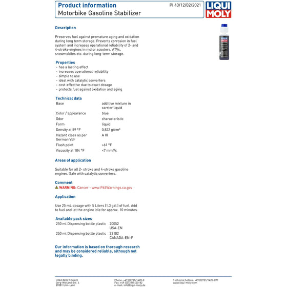 LIQUI MOLY BIKE FUEL STABILIZER PETROL ADDITIVE TREAT 50L FUEL 250ML 3041
