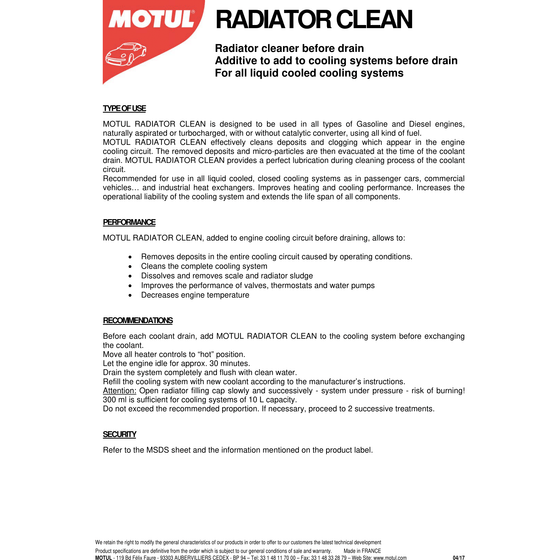 ADITIVO LIMPIEZA DE RADIADOR MOTUL 300ML SISTEMA DE REFRIGERACIÓN 108125