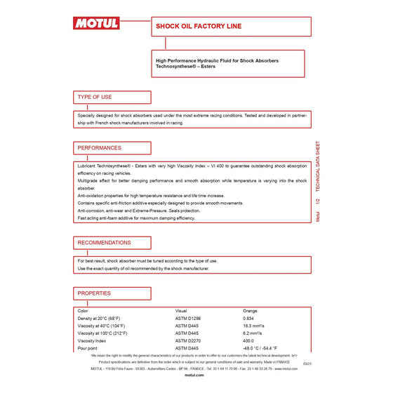 Motul Shock Oil Factory Line Motorcycle Oil - 2.5-20W V1400 1L 105923