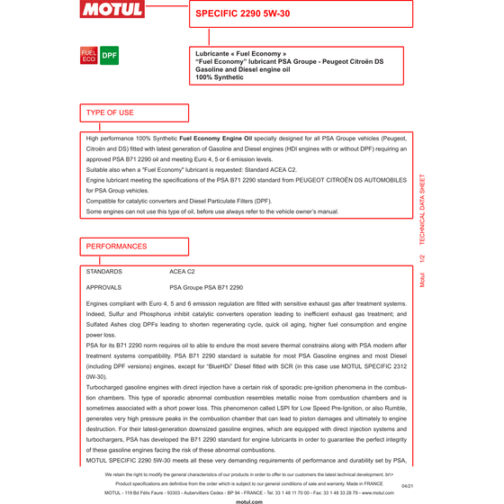 Motul Specific PSA 2290 5w-30 5w30 Fully Synthetic Engine Oil 109325