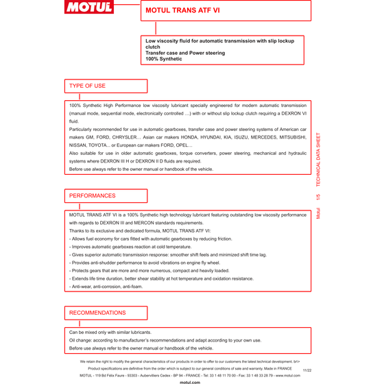 Motul ATF VI Fully Synth Automatic Transmission Power Steering Fluid 1L 105774