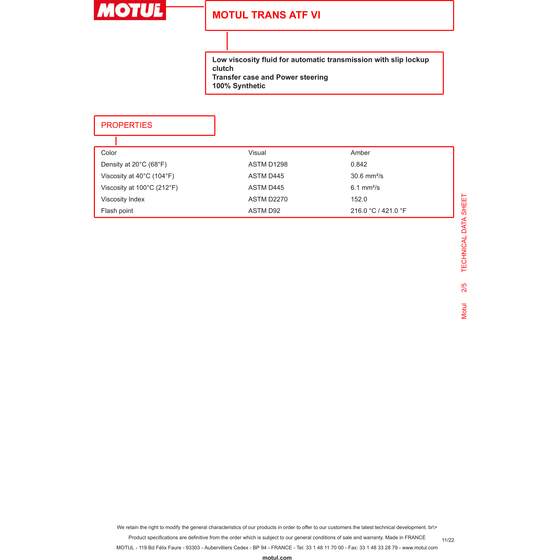 Motul ATF VI Fully Synth Automatic Transmission Power Steering Fluid 1L 105774