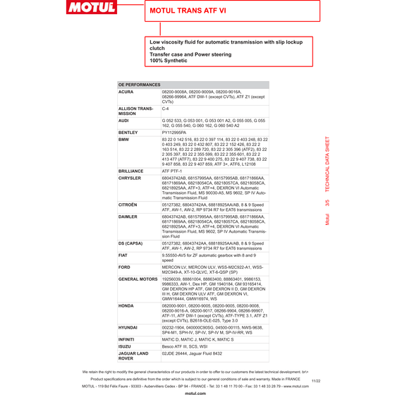 Motul ATF VI Fully Synth Automatic Transmission Power Steering Fluid 1L 105774