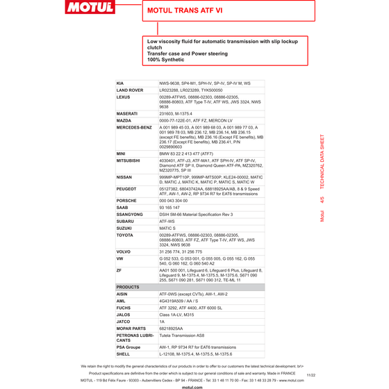 Motul ATF VI Fully Synth Automatic Transmission Power Steering Fluid 1L 105774