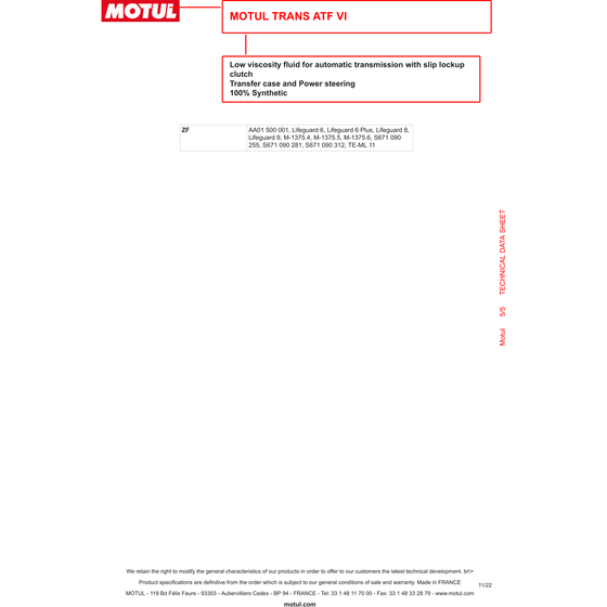 Motul ATF VI Fully Synth Automatic Transmission Power Steering Fluid 1L 105774