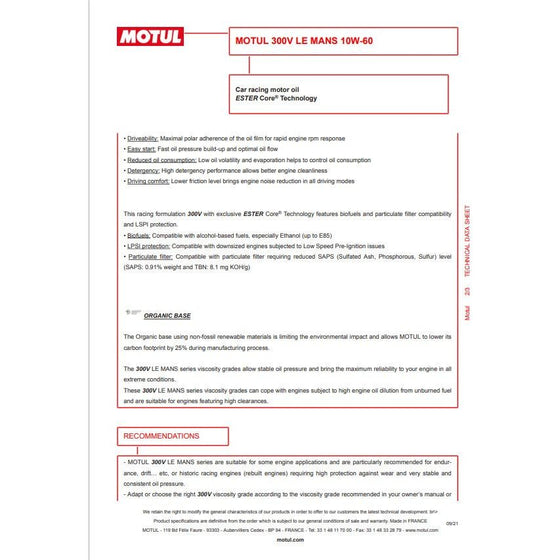 Aceite de motor MOTUL 300V Le Mans ESTER Core Technology 10W-60 110864