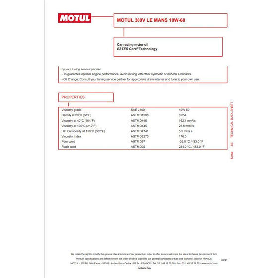 Aceite de motor MOTUL 300V Le Mans ESTER Core Technology 10W-60 110864