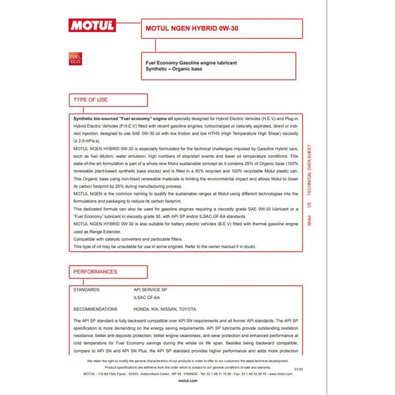 MOTUL NGEN 0W30 HYBRID FUEL ECONOMY 111904