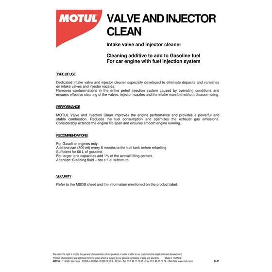 MOTUL VALVE & INJECTOR CLEAN 300 ML CAR & BOAT PETROL ADDITIVE 110696