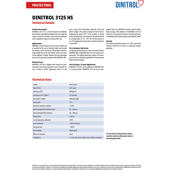 DINITROL 3125HS HIGH SOLIDS RUST PROOFING CAVITY WAX 1 LITRE 3x + SPRAYGUN 1152101 - World of Lubricant