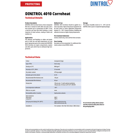 Dinitrol Alta Temperatura De Cera, Transparente 4 X Latas De Aerosol 500 Ml