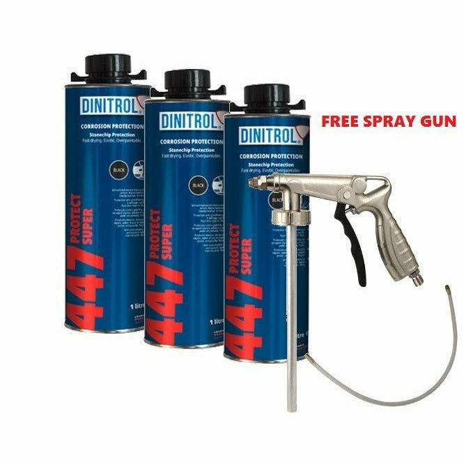 DINITROL 447 GREY STONE CHIP RUST PROOFING 3x 1 LITRE CAN + SPRAYGUN 1101301 - World of Lubricant