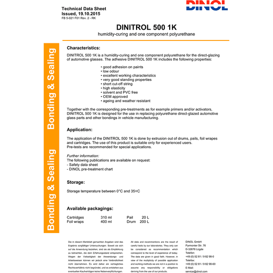 DINITROL 500 WINDSCREEN FITTING BONDING ADHESIVE GLUE SEALANT GLASS OEM 310ML 1206101 - World of Lubricant