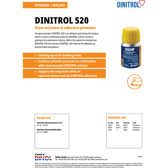 DINITROL 520 WINDSCREEN FITTING ADHESIVE GLUE 30ML CLEANER ACTIVATOR + 10 BUDS 1202400 - World of Lubricant