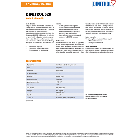 DINITROL 520 WINDSCREEN FITTING ADHESIVE GLUE 30ML CLEANER ACTIVATOR 1202400 - World of Lubricant