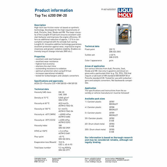 Liqui Moly 0W-20 Top Tec 6200 Porsche C20 VW 508 00/509 00 Engine Oil ACEA C5 20789 - World of Lubricant