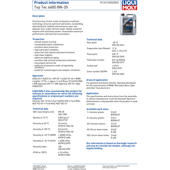 Liqui Moly 0W20 Synthetic Engine Oil Top Tec 6600 BMW Ford MB Opel ACEA C5 21411 - World of Lubricant