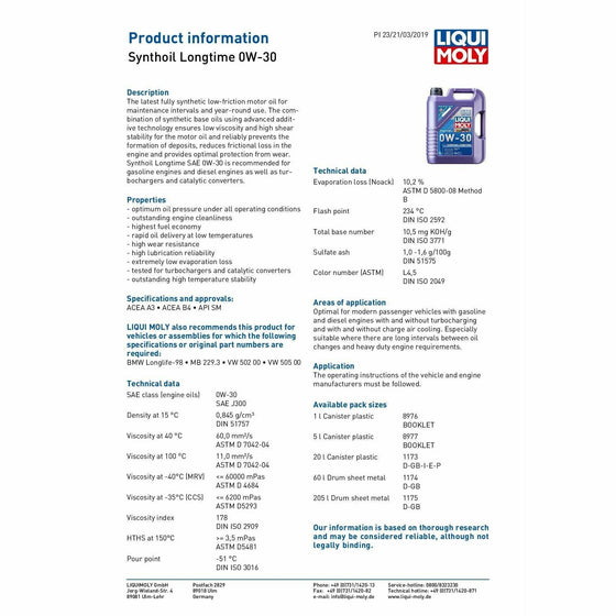 Liqui Moly 0W30 Synthoil Longtime BMW VW Mercedes Benz Engine Oil ACEA A3/B4 8977 - World of Lubricant