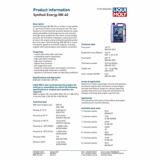 Liqui Moly 0W40 Synthoil Energy BMW-LL MB VW PORSCHE FORD Engine Oil 9515 - World of Lubricant