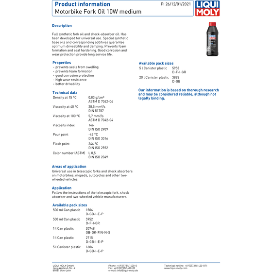Liqui Moly 10W Medium Motor Bike Motorcycle Suspension Fork Oil 1506 - World of Lubricant
