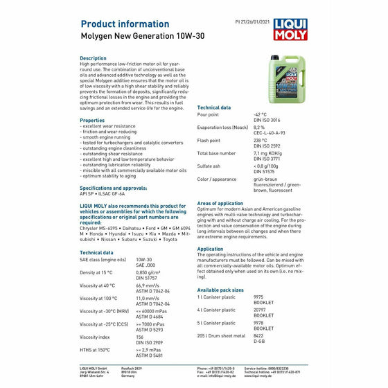 Liqui Moly 10W30 Engine Oil Molygen New Generation API SP Nissan Honda Toyota 9978 - World of Lubricant