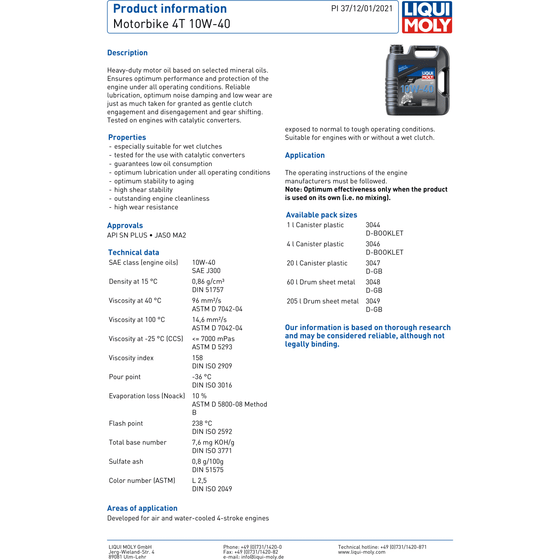Liqui Moly 10W40 4Stroke 4T Motorbike Engine Oil API SN PLUS JASO MA2 3046 - World of Lubricant