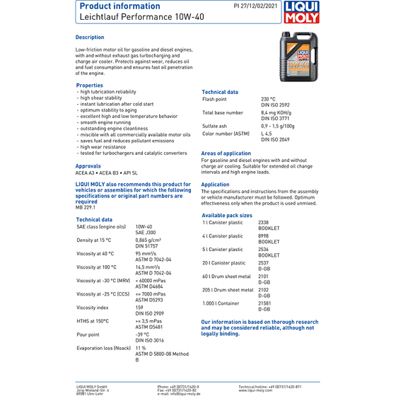 Liqui Moly 10W40 Engine Oil 5L Leichtlauf Performance ACEA A3 B3 MB 229.1 2536 - World of Lubricant