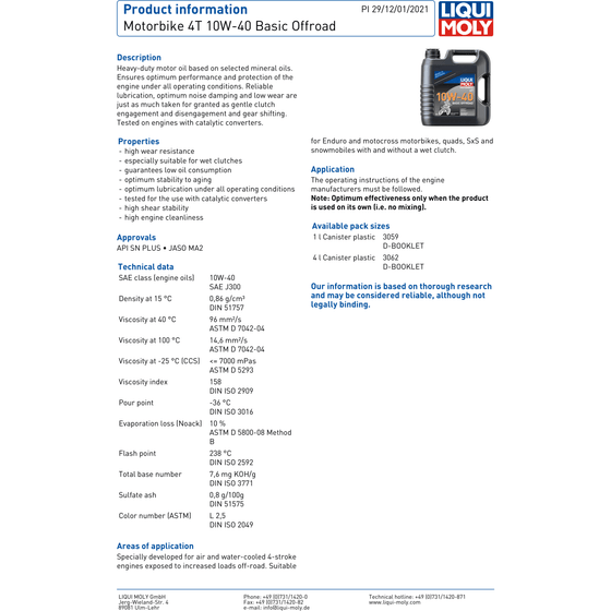 Liqui Moly 10W40 Motorbike Engine Oil 4T Basic Off Road 4 Stroke 3062 - World of Lubricant